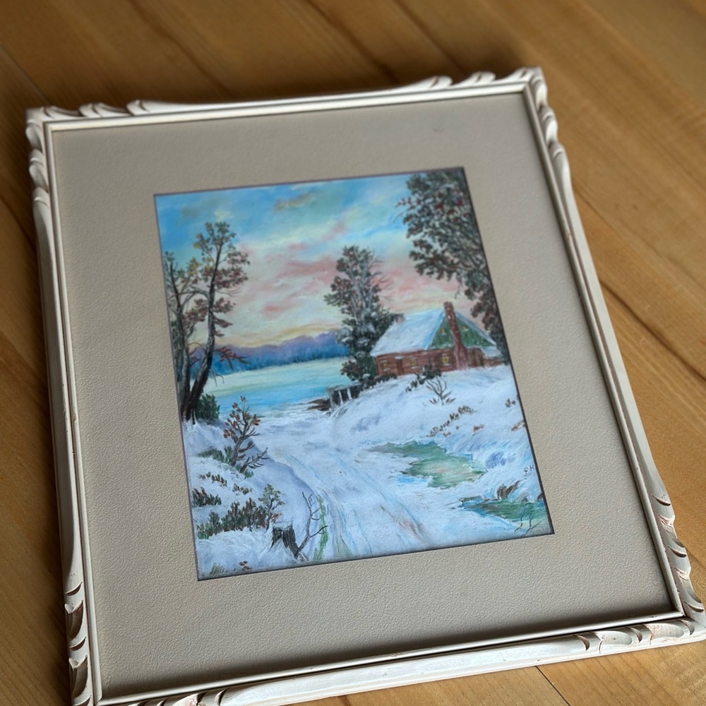Vintage Winter Landscape Framed Oil Pastels Drawing
